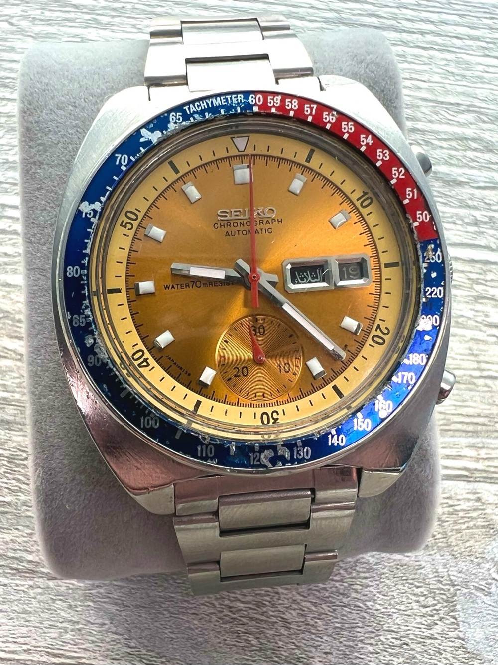 Seiko Pogue Yellow Dial Chronograph Watch with Blue and Red Tachymeter Bezel